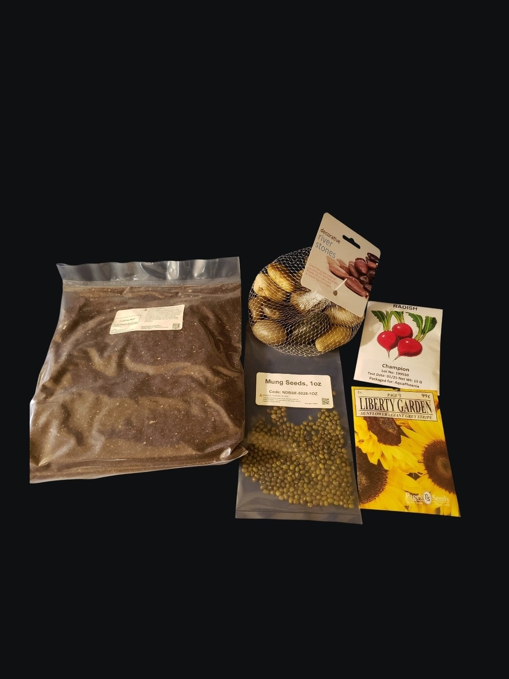 Garden Assortment - Sunflower, Radish, Mung Beans, Soil Pack, River Stones